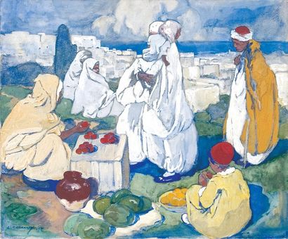 Léon CAUVY (1874-1933) « Le marché aux fruits sur les hauteurs d'Alger ». Aquarelle...