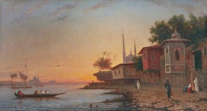 Henri DUVIEUX (1855-?) «Caïque près de la rive du Bosphore, soleil couchant ». Huile...