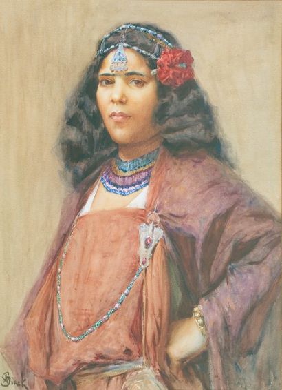 Alphonse BIRCK (1856-1942) « Femme aux bijoux berbères ». Gouache et aquarelle, signée...