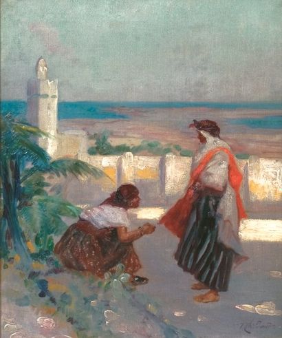 Charles BAUDE (1853 - ?) «Bavardage environs de Tunis ». Huile sur toile, signée...