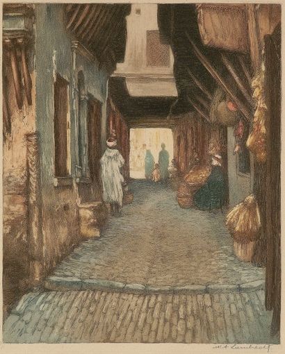 William Adolphe LAMBRECHT (1876-1940) Rue de la Casbah (1924). Lithographie en couleurs,...