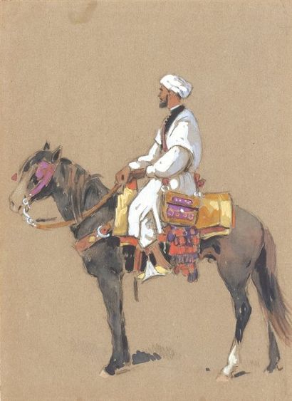 Edouard DOIGNEAU (1865-1954) « Le cavalier ». Crayon, gouache et aquarelle. 32 x...