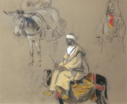 Edouard DOIGNEAU (1865-1954) « Trois études dont un paysan sur son âne ». Crayon,...