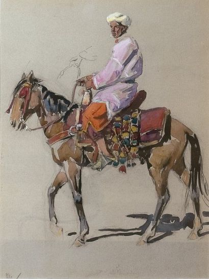 Edouard DOIGNEAU (1865-1954) « Cavalier marocain ». Crayon, gouache et aquarelle....