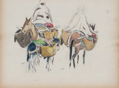 Edouard DOIGNEAU (1865-1954) « Etude de paysan avec leur mulet ». Crayon, gouache...