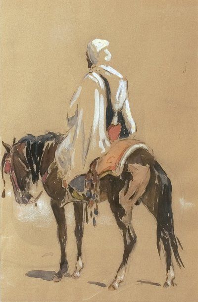 Edouard DOIGNEAU (1865-1954) « Cavalier marocain de dos ». Crayon, gouache et aquarelle....