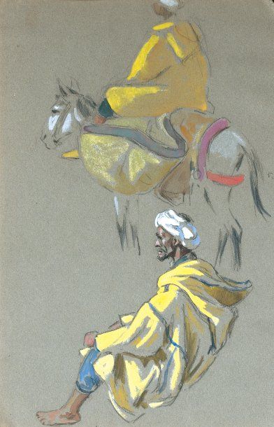 Edouard DOIGNEAU (1865-1954) « Deux études de cavaliers au burnous jaune ». Crayon,...