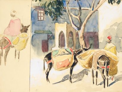 Edouard DOIGNEAU (1865-1954) « Le paysan et ses deux mulets ». Crayon, gouache et...