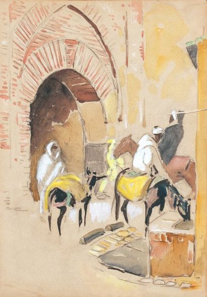 Edouard DOIGNEAU (1865-1954) «La halte à la fontaine ». Crayon gouache et aquarelle....
