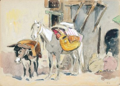 Edouard DOIGNEAU (1865-1954) « Scène de rue à Fès ». Crayon, gouache et aquarelle...