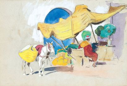 Edouard DOIGNEAU (1865-1954) « Le marchand de légumes ». Crayon, gouache et aquarelle....