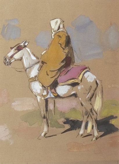 Edouard DOIGNEAU (1865-1954) « Cavalier marocain sur une selle rose ». Crayon, gouache...