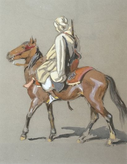Edouard DOIGNEAU (1865-1954) « Cavalier avec son fusil ». Crayon, gouache et aquarelle....