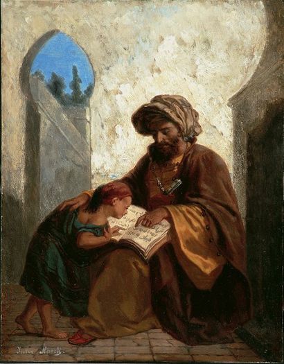 Julius STARCK (1814-1884) École Belge. La lecture du Coran (Vers 1875). Huile sur...