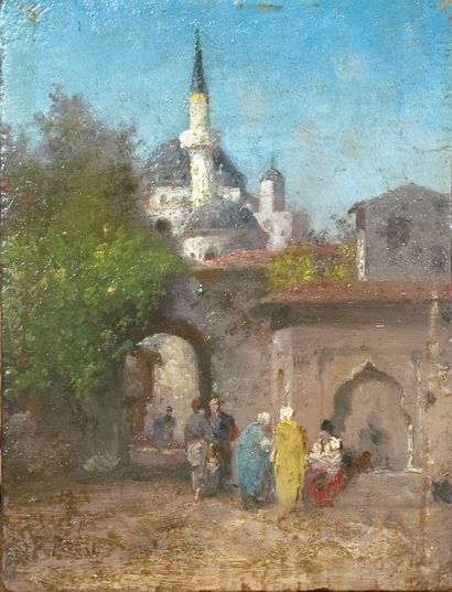 Fabius BREST (1823-1900) La Fontaine au pied de la Mosquée, Turquie. Huile sur panneau,...