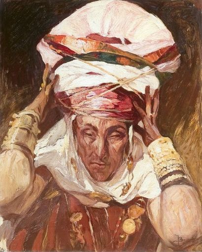 Jules VAN BIESBROCK (1873-1965) Portrait de femme orientale à la coiffe. Huile sur...