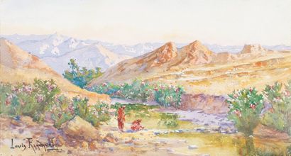 Louis RANDAVEL (1869 - 1947) Lavandières à l'Oued en fleur. Aquarelle, signée en...