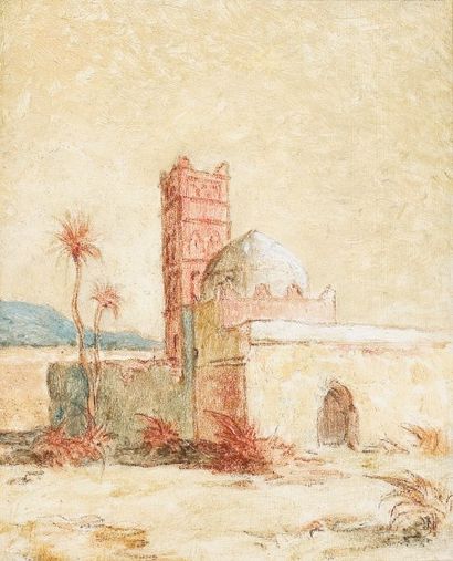 Gaston SIMOES de FONSECA (1874-1954) Mosquée à la lisière du desert. Huile sur carton...