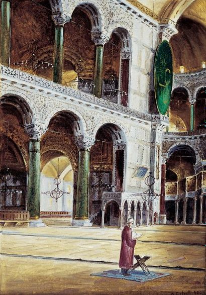 PETROV (XXesiècle) « Intérieur de la mosquée Sainte-Sophie ». Huile sur toile, marouflée...