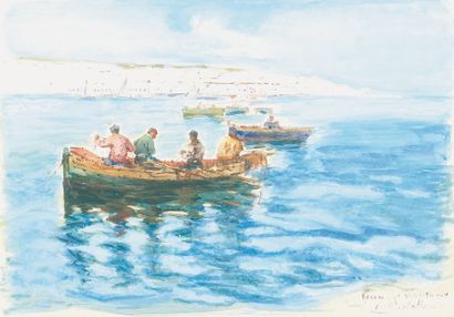 Gilbert GALLAND (1870-1956) « Pêcheurs dans le port d'Alger ». Aquarelle et gouache,...