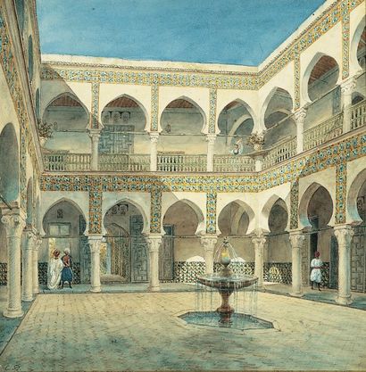 École orientaliste du début du XIXe siècle Palais Djénina à Alger, vers 1830. Aquarelle...