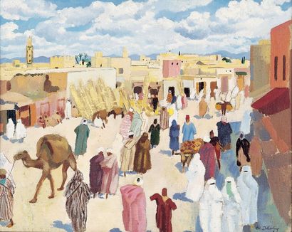 Edmond DELESCLUZE (1905-1993) « Place animée à Marrakech ». Huile sur toile marouflée...