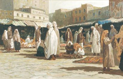 T. SERVANES (XXesiècle) « Scène de marché, Afrique du Nord ». Huile sur toile, signée...