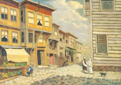 Aram BAKALIAN (1860-1925) « Scène de rue, Turquie ». Huile sur toile, signée en bas...