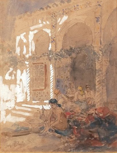 Marc Alfred CHATAUD (1833-1908) « Mauresque à sa toilette ». Crayon, aquarelle et...