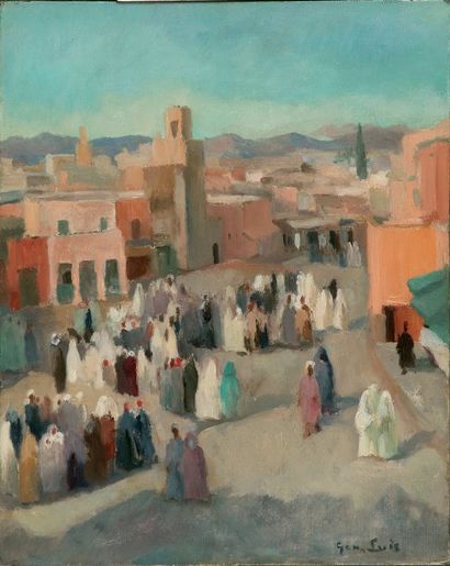 GEN LUIS (1904-1989) Place « Djemaa-El-Fna (Marrakech) ». Huile sur toile, signée...