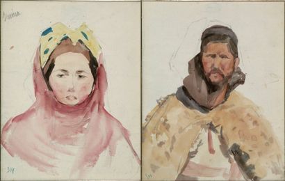 Louis-Joseph ANTHONISSEN (1849-1913) « Kabyle et son épouse Yamina ». Paire d'aquarelles...