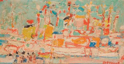 André COTTAVOZ (né en 1922) Les bateaux à Cannes, septembre 1955. Huile sur toile,...