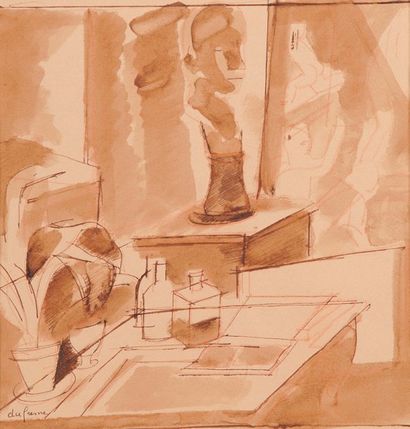 Charles DUFRESNE (1876-1938) Scène d'intérieur, vers 1920. Encre de chine, lavis...