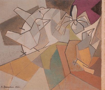 André BEAUDIN (1895-1979) Les trois oiseaux et l'araignée, 1944. Huile sur toile,...