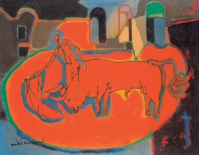 André MARCHAND (1907-1997) Le Taureau dans la lumière, Arles. Huile sur toile, signée...