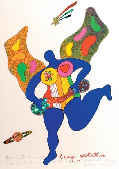 Niki de Saint Phalle (1930-2002) L'ange protecteur Lithographie en couleurs et collage...