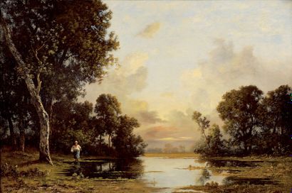 LEON RICHET (1847-1907) « Paysanne près de l'étang » Huile sur toile signée en bas...