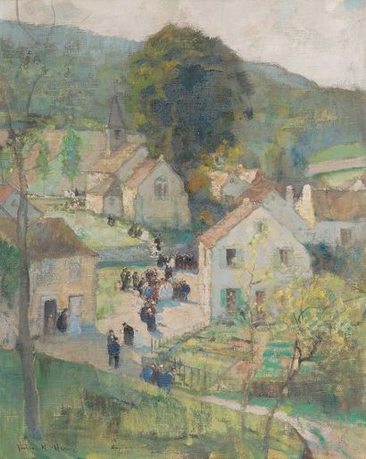 JULES R. HERVE (1887-1981) « La procession » Huile sur toile signée en bas à gauche...
