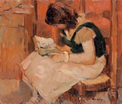 Abel BERTRAM (1871-1954) La lecture Huile sur toile, signée en bas à droite. 38 x...