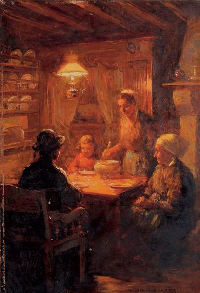 Édouard Léon CORTES (1882-1969) Intérieur à la lampe. Huile sur toile, signée en...