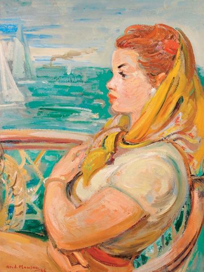 André PLANSON (1898-1981) Jeune fille au balcon, 1946. Huile sur toile, signée et...