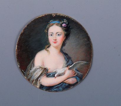 null MINIATURE ovale sur ivoire "jeune femme à la colombe". Fin du XVIIIème siècle....