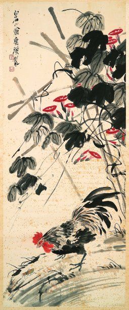 QI BAISHI (1863-1957) "Coq et sauterelle sous les liserons et bambous". Peinture...