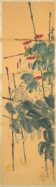 QI BAISHI (1863-1957) "Liserons et fleurs." Peinture en hauteur, encre et polychromie...