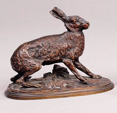 PIERRE JULES MÈNE (1810 - 1879) Lapin au repos Épreuve en bronze, patine brune, signée...