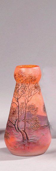 LEGRAS Petit vase tronconique à décor polychrome tournant d'un paysage lacustre....