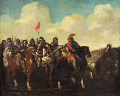 ATTRIBUÉ À PANDOLFO RESCHI (1640 - 1696) Scène de cavalerie Toile 56 x 69,5 cm