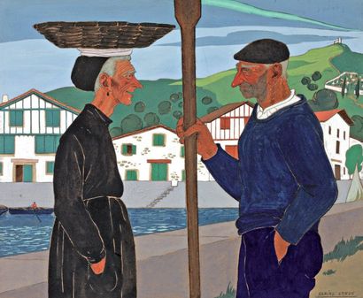 Ramiro ARRUE (1892 - 1971) Pêcheur basque et femme portant un panier sur la tête... Gazette Drouot