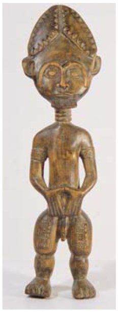 null Statuette masculine ASHANTI représentée une main posée sur le ventre. H : 35...