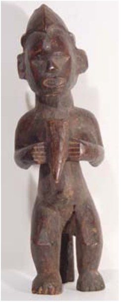null Importante statuette FANG en bois brun représentant un personnage stylisé tenant...